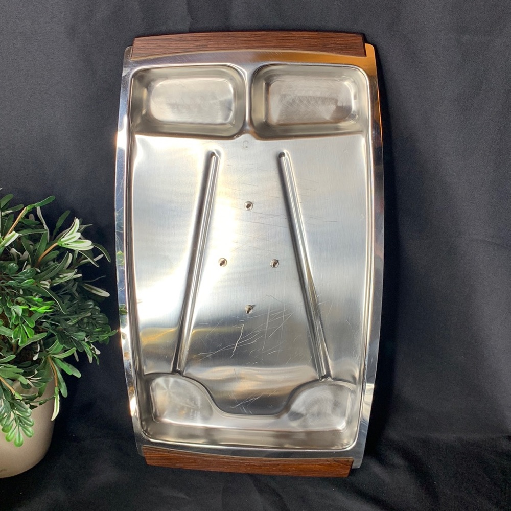 MCM VTG 1960s Lundtofte stainless steel meat carving tray with Rosewood handles